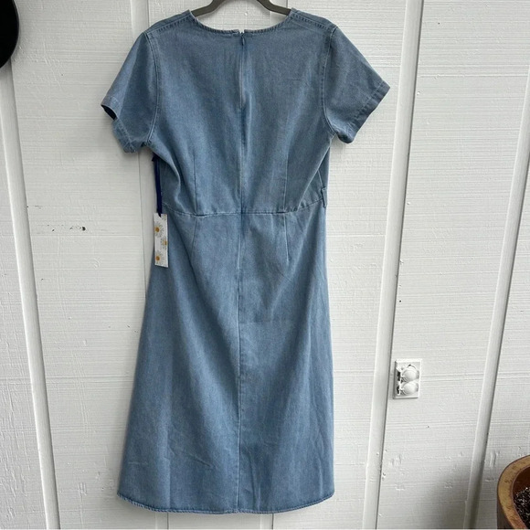 Prairie Cottagecore Denim Cotton Short Sleeved V-Neck Wrap Bust Midi Dress / M - Picture 2 of 10